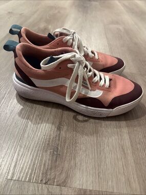Vans Coral Pink and Burgundy Low-Top Sneakers with White Stripe
